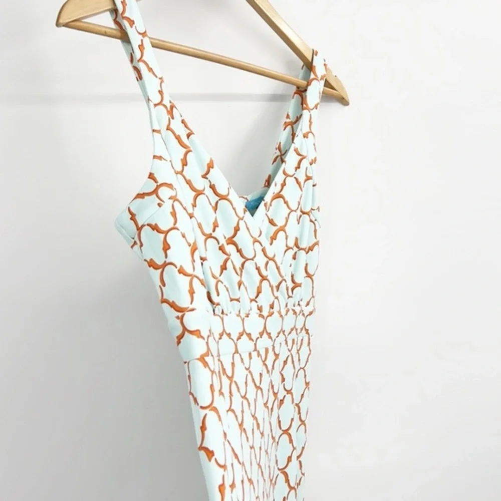 J McLaughlin Maxi Dress Turquoise and Orange Geometric Pattern size Medium